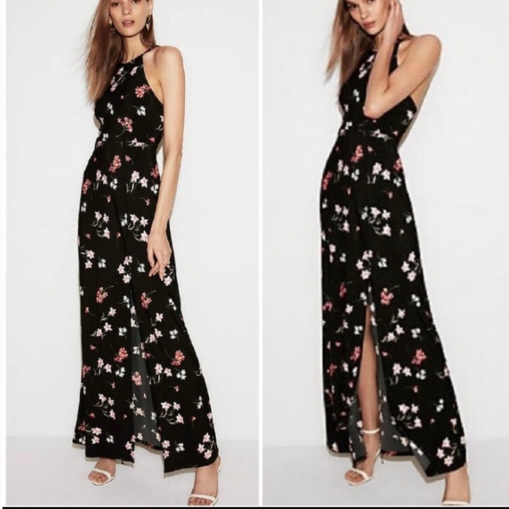 Express high slit maxi dress black floral size xs
